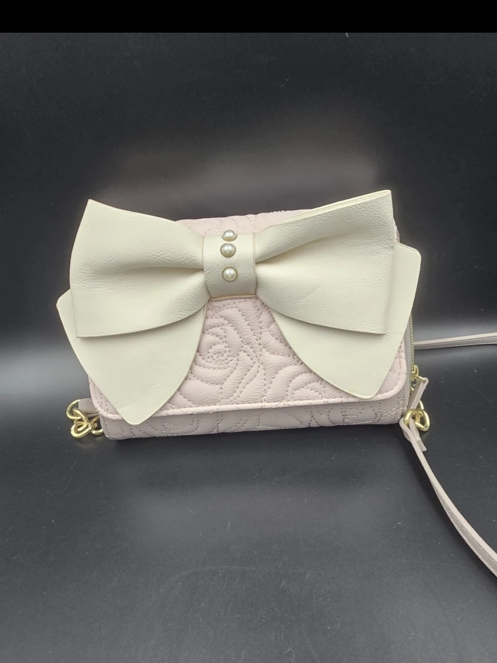 Betsey Johnson Pink Quilted Crossbody with Cream Bow